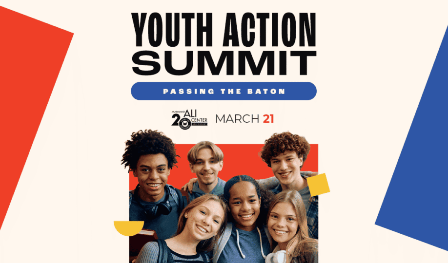 Teenagers in a group smiling within a multi-colored box design and text "Youth Action Summit: Passing the Baton"