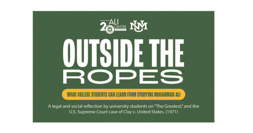 Ali Center and University of New Mexico logos alongside text "Outside the Ropes: What College Students Can Learn From Studying Muhammad Ali"