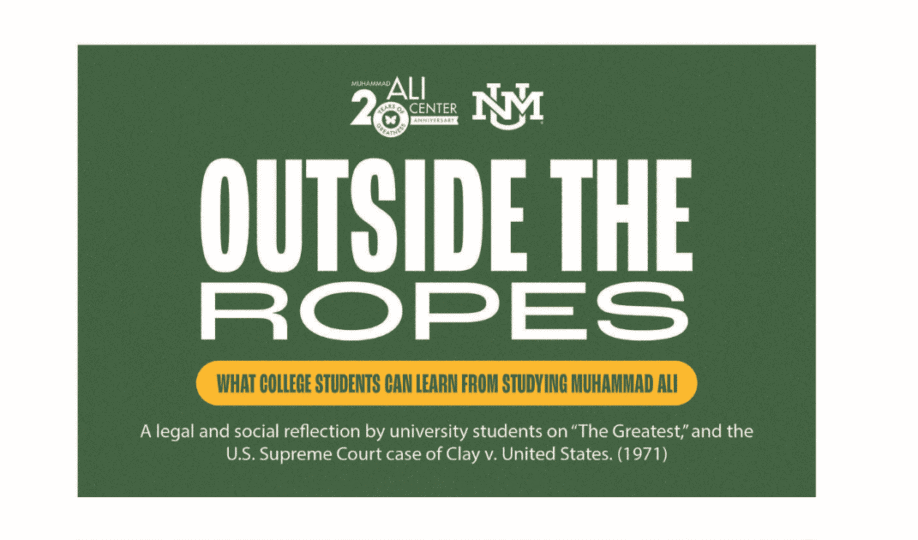 Ali Center and University of New Mexico logos alongside text "Outside the Ropes: What College Students Can Learn From Studying Muhammad Ali"