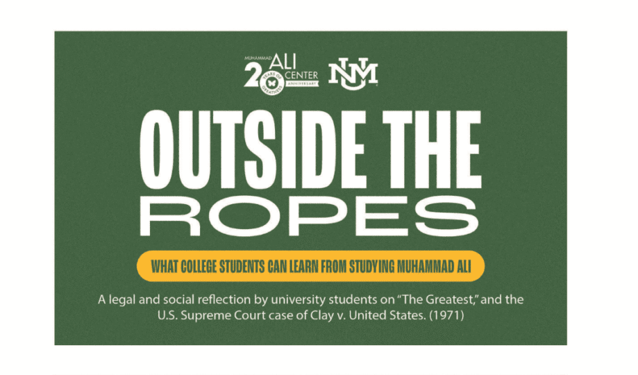 Ali Center and University of New Mexico logos alongside text "Outside the Ropes: What College Students Can Learn From Studying Muhammad Ali"