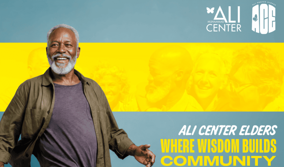 Photo of older man wearing dark green jacket, gray shirt and jeans looking off to the side and smiling alongside Ali Center and ACE logo