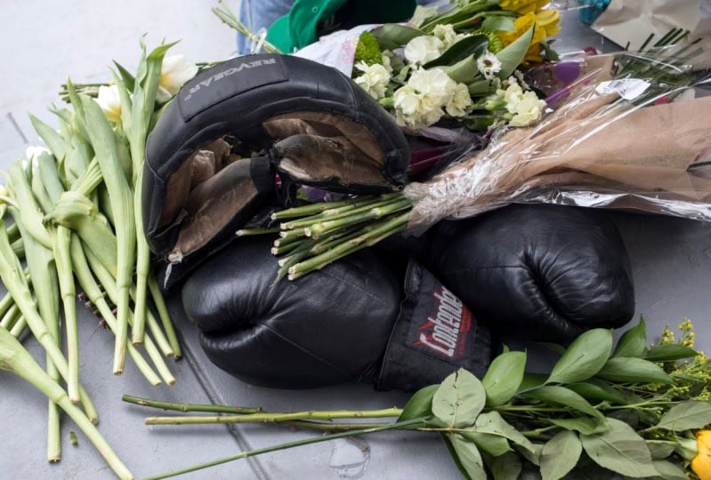Set of black boxing gloves placed on ground alongside flowers