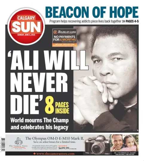 Photo of Calgary Sun article with Muhammad holding hands and headline "Ali Will Never Die"