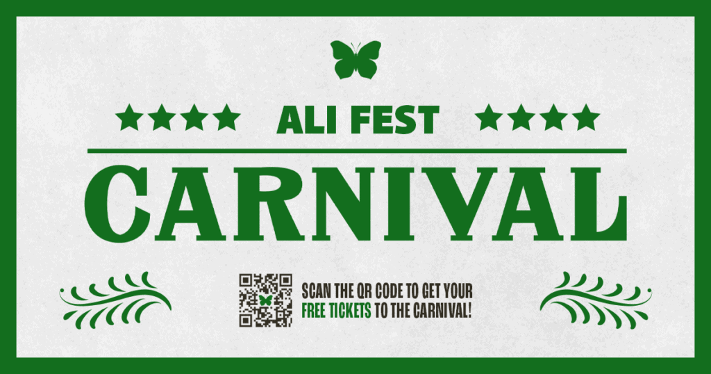 Green Ali Fest Carnival logo featuring butterfly and QR Code to scan tickets
