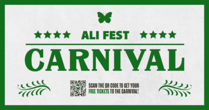 Green Ali Fest Carnival logo featuring butterfly and QR Code to scan tickets