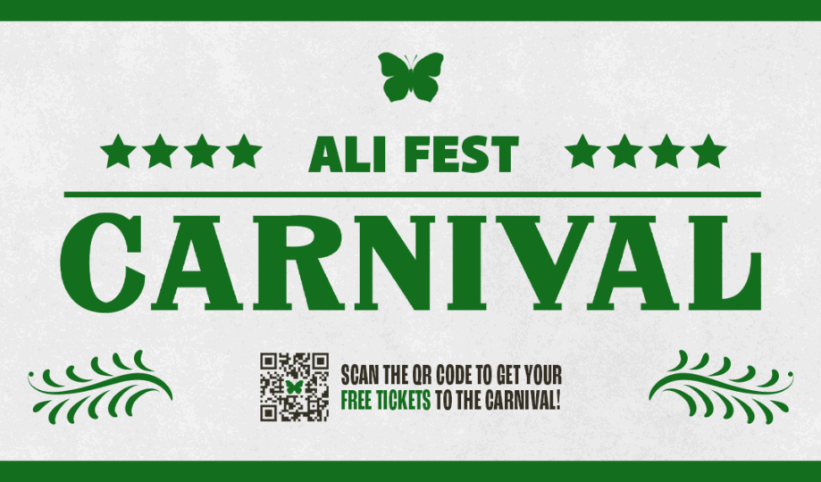 Green Ali Fest Carnival logo featuring butterfly and QR Code to scan tickets