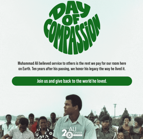Green circle Day of Compassion logo on faded green bakground