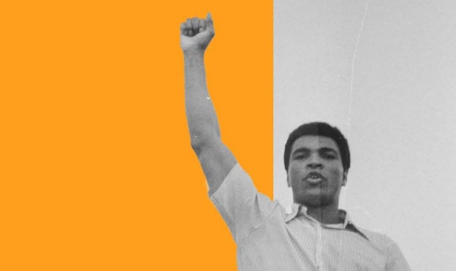 Image of Muhammad Ali on orange backdrop holding up fist with Muhammad Ali Index logo and text "The 2025 Compassion Report"