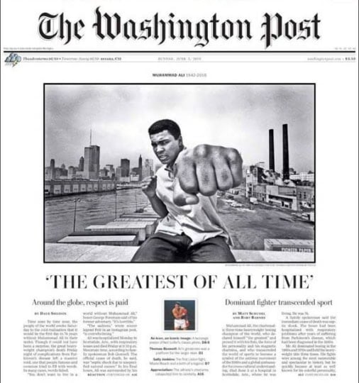 Washington Post newspaper clipping showing Muhammad Ali in boxing pose