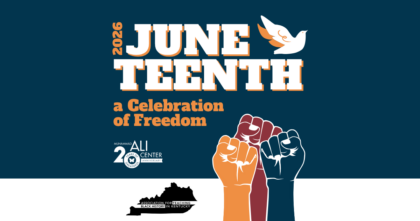 "2026 Juneteenth logo" with three fists colored red, yellow, and blue on blue backdrop featuring Ali Center and ATBHK logos