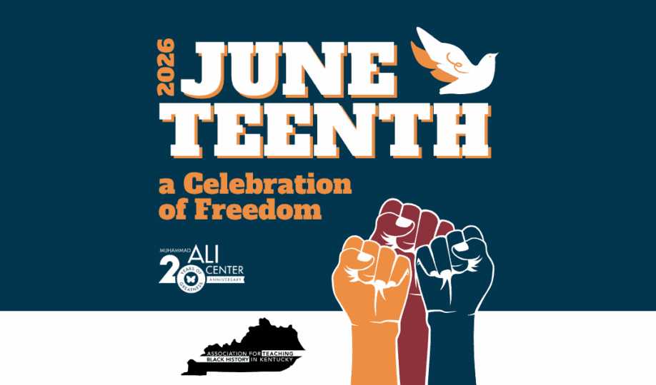 "2026 Juneteenth logo" with three fists colored red, yellow, and blue on blue backdrop featuring Ali Center and ATBHK logos