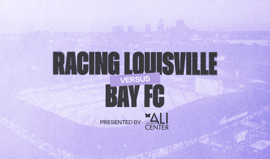Purple background with soccer stadium and text "Racing Louisville vs. Bay FC presented by Muhammad Ali Center"