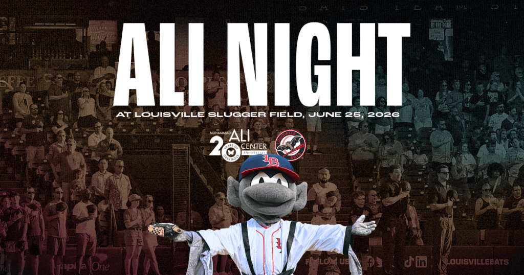 Buddy Bat mascot wears Muhammad Ali robe in front of fans with text "Ali Night" and Ali Center / Louisville Bats logos