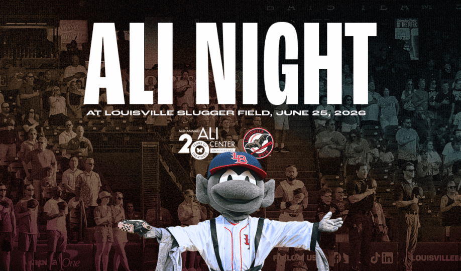 Buddy Bat mascot wears Muhammad Ali robe in front of fans with text "Ali Night" and Ali Center / Louisville Bats logos