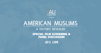 Blue canvas backdrop with Ali Center and American Muslims logo with text "Special Film Screening and Panel Discussion"