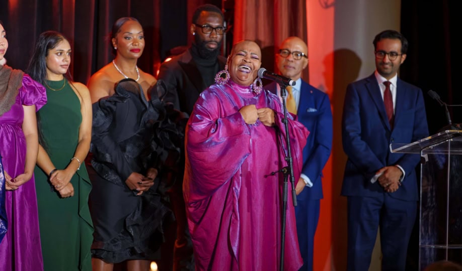 Woman in pink flowing dress singing on stage as awardees stand behind her