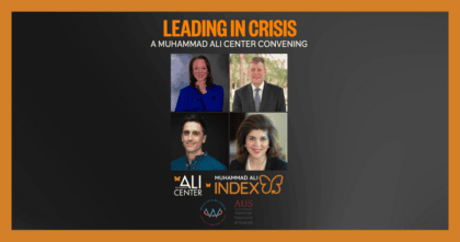 Orange box with black gradient featuring images of panelists and title "Leading in Crisis" in orange