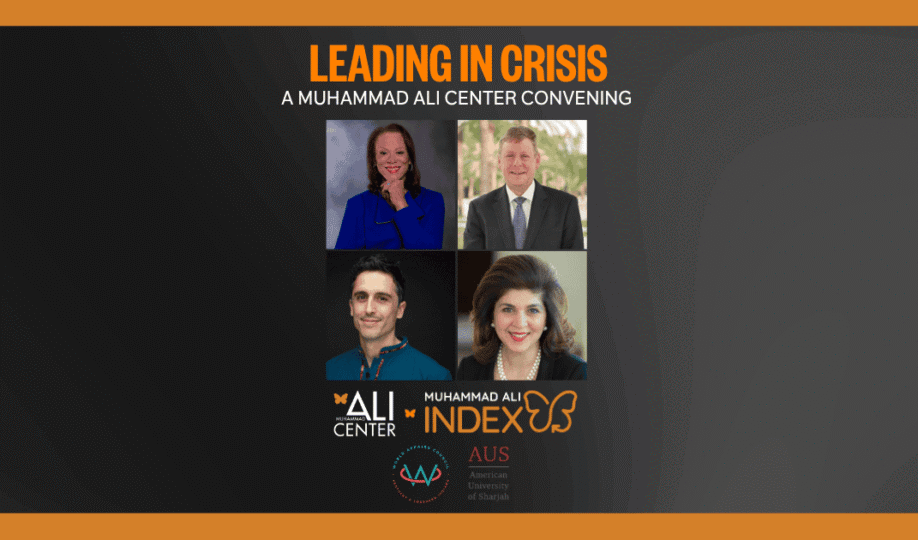 Orange box with black gradient featuring images of panelists and title "Leading in Crisis" in orange