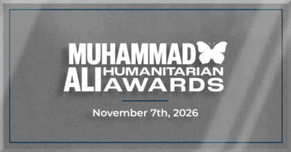 Silver background with Muhammad Ali Humanitarian Awards logo and November 7th, 2026 date.