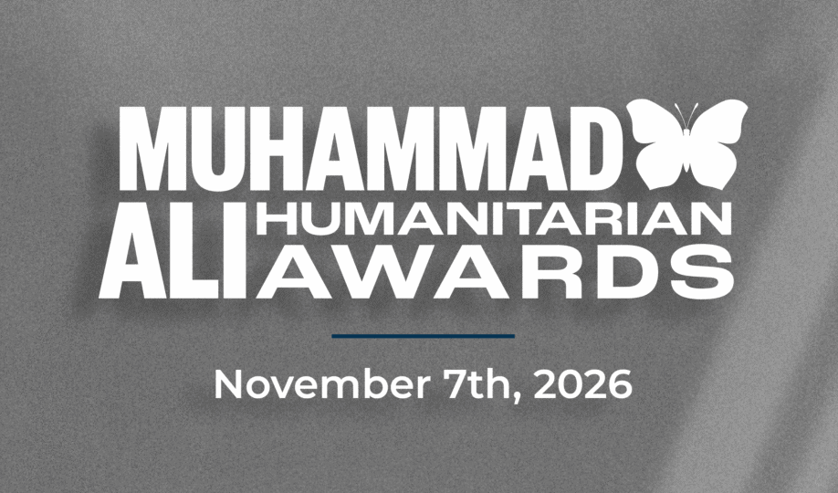 Silver background with Muhammad Ali Humanitarian Awards logo and November 7th, 2026 date.