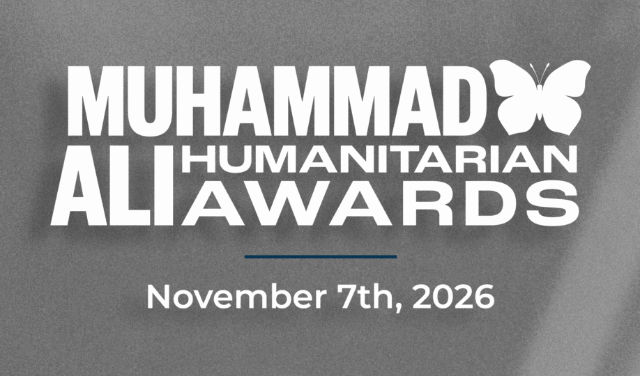 Silver background with Muhammad Ali Humanitarian Awards logo and November 7th, 2026 date.