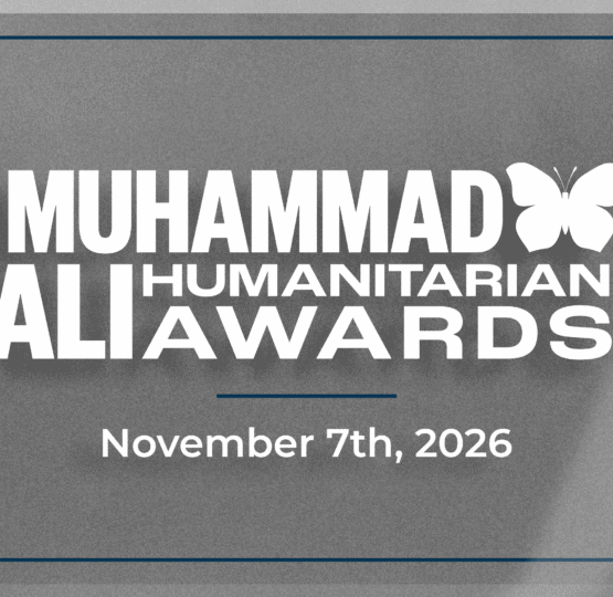 Silver background with Muhammad Ali Humanitarian Awards logo and November 7th, 2026 date.