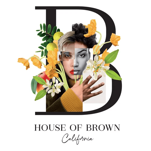 Woman within foliage attached to letter B and text 